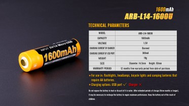 Rechargeable USB AA battery Fenix ARB-L14-1600U