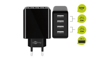 Four-channel USB power adapter (total 6000 mA, 30W) - black